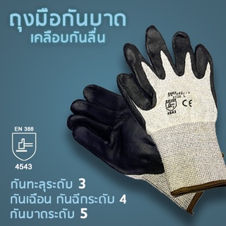 ถุงมือ ถุงมือกันบาด ถุงมือช่าง ถุงมือเคลือบยาง PU ป้องกันระดับ 5 (Cut Level 5 Resistant) มาตราฐานระดับ 4543