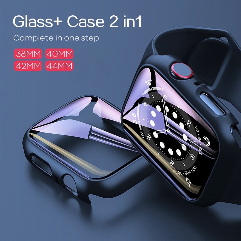 ภาพหน้าปกสินค้าTempered Glass+Case Screen Protector PC Bumper Case for Apple watch series 6 SE 5 4 3 Cover slim for iWatch 6 5 frame 40mm 44mm 38MM 42MM