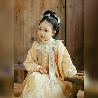 ชุดฮั่นฝูเด็ก ประยุกต์ คอลเลคชั่น Vanilla แบรนด์ Luo Zhu กระโปรงเอวยางยืด ราชวงศ์หมิง Hanfu ชุดจีนโบราณ ไหล่เมฆ ปักลาย