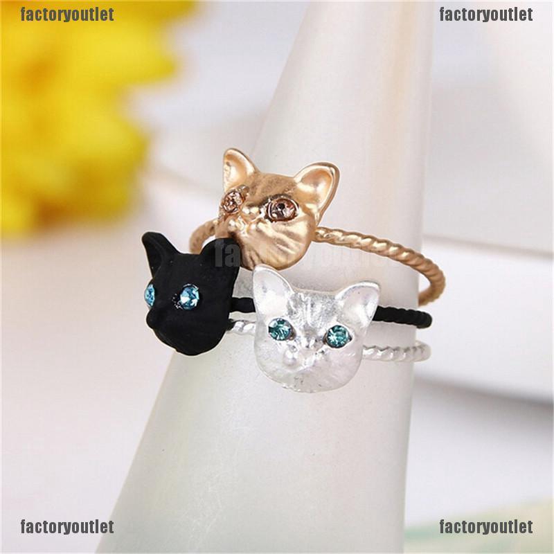 แหวนเงิน ทอง ดํา รูปแมวน่ารัก ประดับเพชรเทียม สําหรับผู้หญิง
