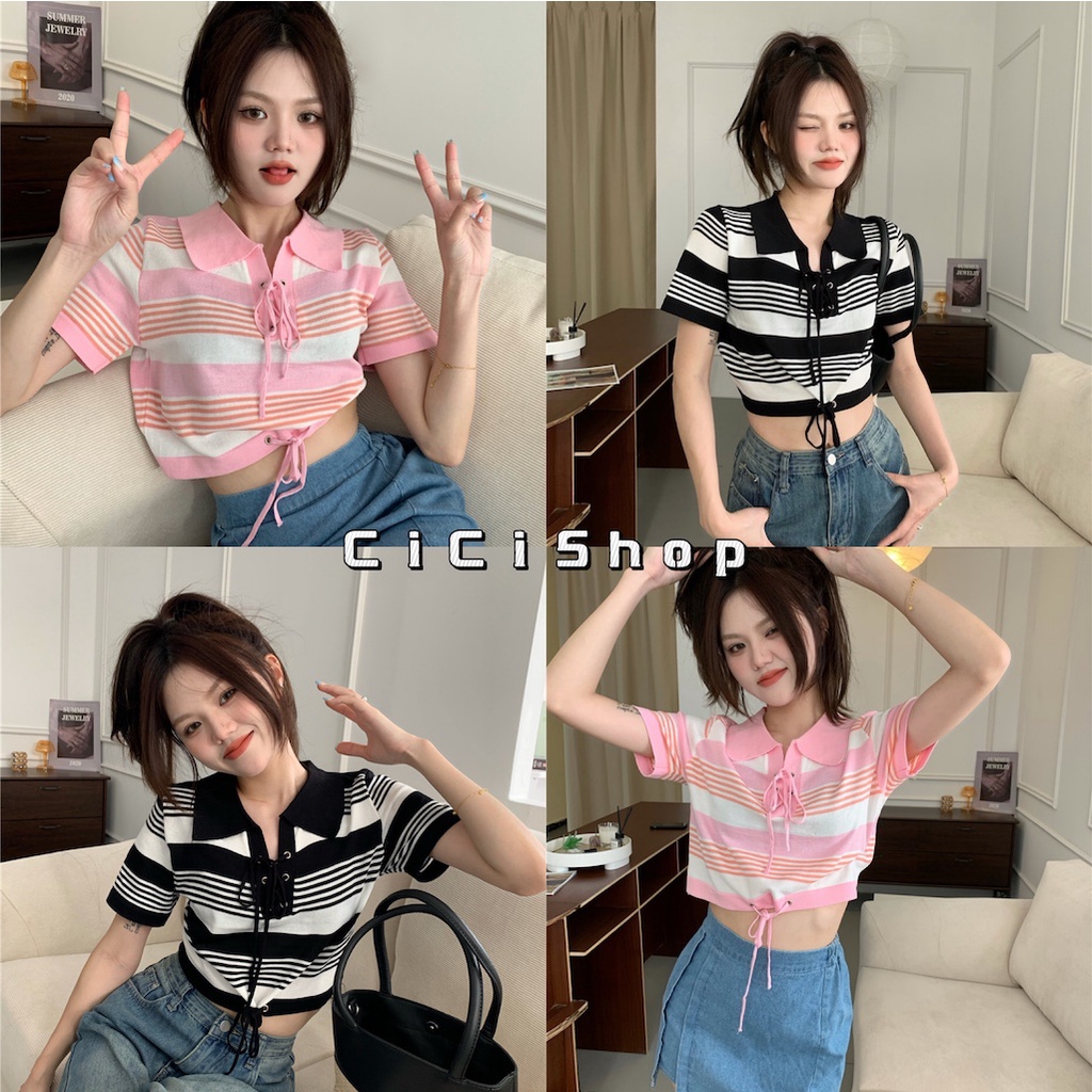 cicishop-a1046-เสื้อครอปแขนสั้นไหมพรมลายทาง-คอปก-ดีเทลมีสายผูกหนเ้าอก-เซ็กซี่น่ารักกก