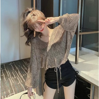 E197 E เสื้อไหมถัก แขนยาว คอวี รูดสายที่เอวได้ มีสร้อยแถมตกแต่งด้านหลัง สินค้าพร้อมส่งไม่ต้องพรีจากจีน
