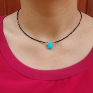 สร้อยคอจี้หินเทอร์ควอยซ์ประดับด้วยทับทิม สร้อยคอสีดำ Natural Turquoise Pendant with Ruby  Necklace