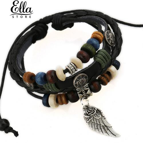 unisex-vintage-multicolor-faux-leather-wing-charm-กำไลประดับด้วยลูกปัดไม้