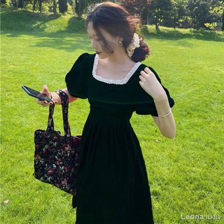 สินค้า ชุดเดรสแขนสั้นย้อนยุคฝรั่งเศสชุดสตรีฤดูร้อนใหม่คอสี่เหลี่ยมมุกบางเค็มหวานกระโปรงยาวกลาง platycodon ผู้หญิง