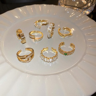 แหวนชุบทองแท้ โอปอล ทรงเรขาคณิต ประดับเพทาย แบบเรียบง่าย หรูหรา แฟชั่นสไตล์เกาหลี