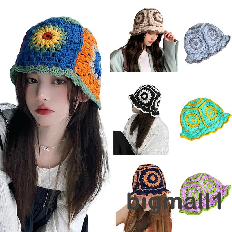 bigmall-women-knitted-hat-with-flower-pattern-bright-color-matching-hollow-decoration-clothing-accessory