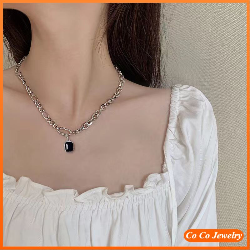 Jojo COCO สร้อยคอโซ่ จี้หินอัญมณี สีดํา หรูหรา สไตล์เกาหลี ฮิปฮอป