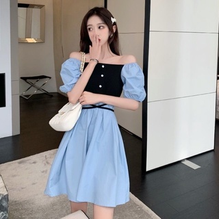🔥NEW🥨French waist pure desire tutu skirt 2022 new thin and gentle style one-line collar blue dress women