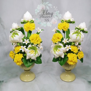 ชุดคู่ แจกัน ดอกบัวประดิษฐ์ ดอกไม้ไหว้พระ (สูง 11 นิ้ว) ดอกบัวปลอม ดอกบัวไหว้พระ ดอกไม้ดินปั้น จาก ดินไทย