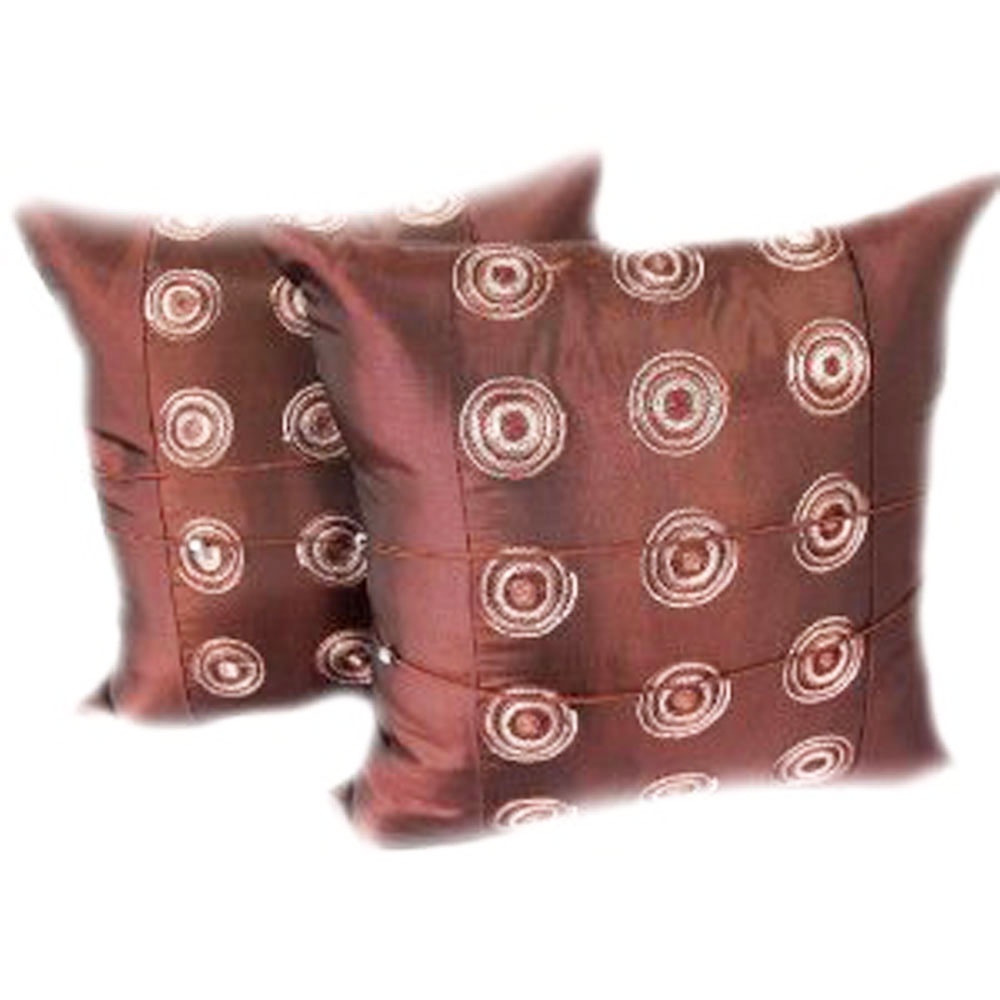 A18Thai Silk Pillow Covers ปลอกหมอนอิง ไหมไทยลายปักกลม 16×16 นิ้ว 1 คู่ สีน้ำตาล Shopee Thailand