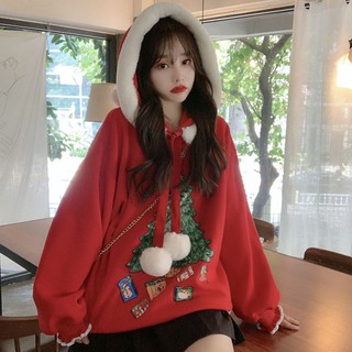 🔥Hot sale~ ใหม่ฤดูใบไม้ร่วงและฤดูหนาวใหม่เสื้อน่ารักหลวม ๆ คริสมาสต์คลุมด้วยผ้ากำมะหยี่เสื้อกันหนาวแขนยาวหนาผู้หญิงนักเ