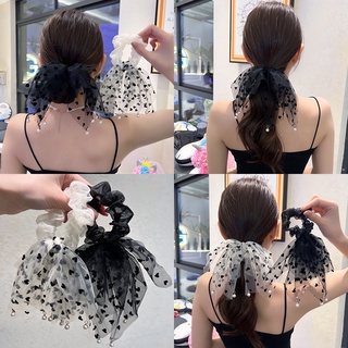 ยางรัดผมหางม้า ผ้าตาข่าย ลายจุด ประดับโบว์ แต่งพู่ และไข่มุก ขนาดเล็ก เครื่องประดับ สําหรับผู้หญิง