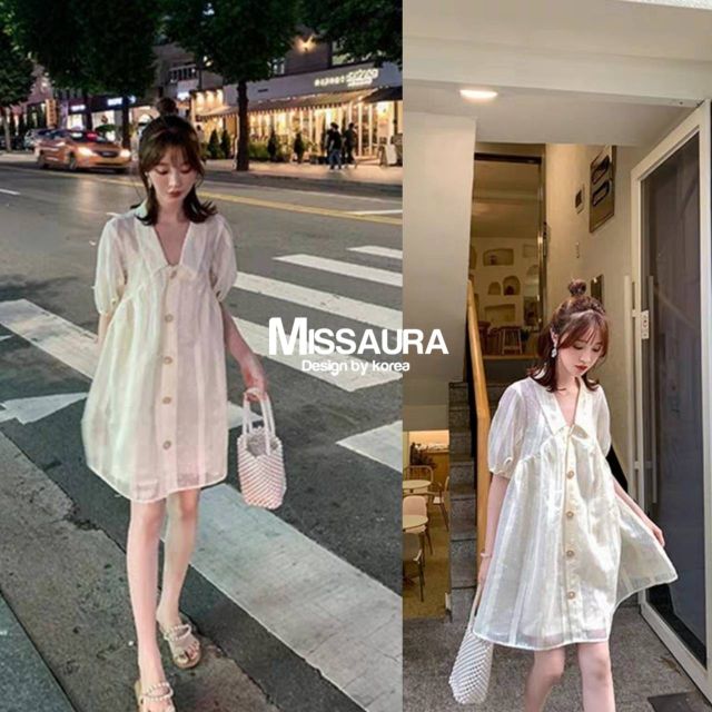 เดรสคอวีกระดุมหน้าสีครีม-แขน3-ส่วนสม็อคที่แขน-มีซับในอย่างดีมาพร้อมสายเดี่ยว