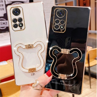 New เคสโทรศัพท์ Xiaomi Redmi Note 11 4G 11s Note11 Pro 5G Thai Version 2022 Fashion TPU Straight Edge Plating Soft Case with Cute Bear Holder Lens Drop Protection Cover เคส