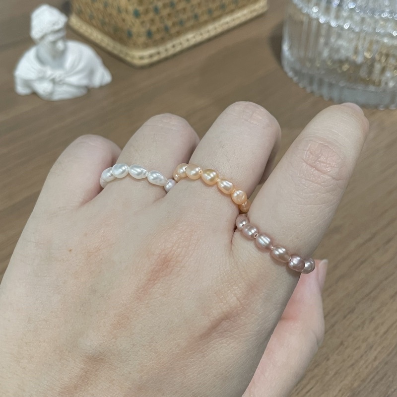 แหวนไข่มุกแท้-สีโอรส-มุกน้ำจืด-เอ็นยืด-แหวนมุกแท้-ขนาดตามสั่ง-genuine-orange-freshwater-pearl-elastic-ring-custom-size