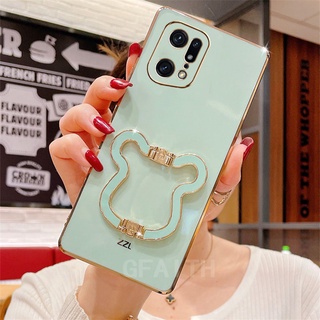 Ready Stock New เคสโทรศัพท์ OPPO Find X5 Pro 2022 Fashion Glitter Straight Edge Plating Cute Bear Holder Back Cover OppoFindX5Pro เคส Shockproof Lens Protection Soft Case