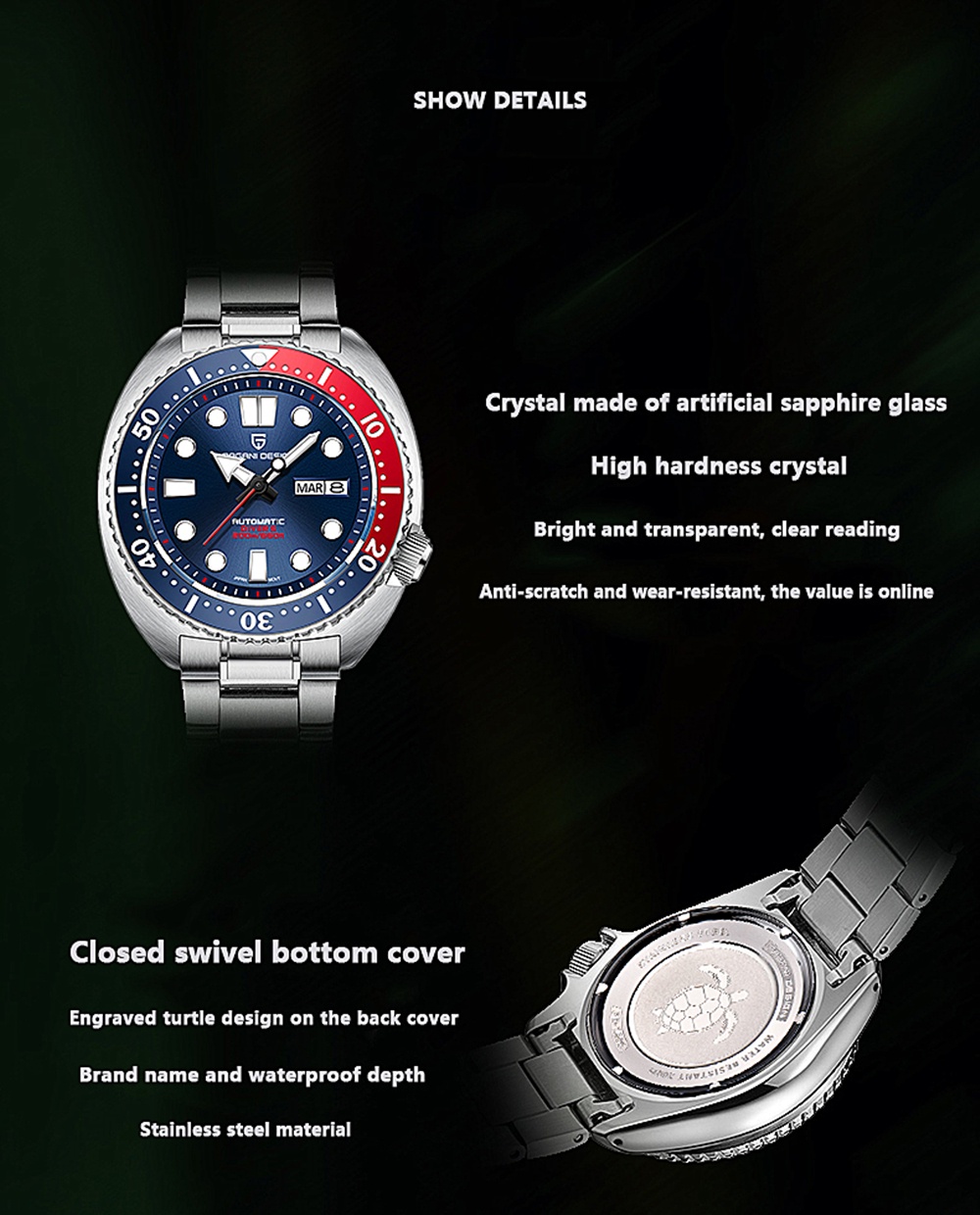 มุมมองเพิ่มเติมของสินค้า Pagani Design Original 45MM ดำน้ำอัตโนมัตินาฬิกา Seiko NH36 สแตนเลส 20Bar กันน้ำนาฬิกาผู้ชาย PD-1696