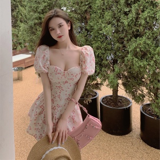 พร้อมส่ง เดรสสั้น มินิเดรสแขนตุ๊กตา ดอกชมพู น่ารักมากๆๆ สไตล์เกาหลี