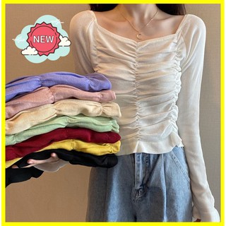 Adshopp สินค้าพร้อมส่ง เสื้อไหมพรม แขนยาวมีระบายที่ปลายแขนและปลายเสื้อ สำหรับผู้หญิง แฟชั้นเกาหลี Free size รุ่น 1054