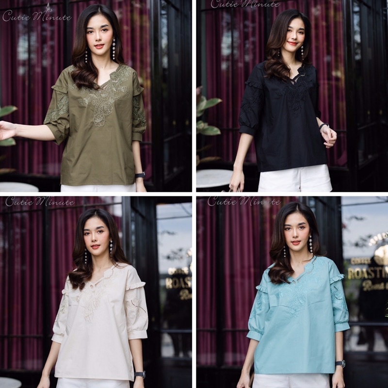 เสื้อcotton-เกรดพรีเมี่ยม-งานปักดอกไม้ฉลุลายโดดเด่นๆ-ดีเทลระบายที่แขนสวยๆ