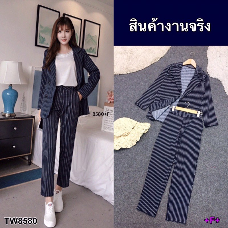 tw8580-set-2-ชิ้น-เสื้อปกสูทแขนยาว-ผ้าโฟร์เวย์ลายริ้ว-กางเกงขากระบอกเล็ก-เอวยืดสม็อคหลัง-ลายเข้าเซท