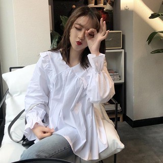 💥Hot Sale ฤดูใบไม้ร่วงแขนยาวเสื้อเชิ้ตสีขาวสไตล์ตะวันตกหญิงฤดูใบไม้ร่วง 2019 เสื้อเชิ้ตดีไซน์หลวมสไตล์เกาหลี