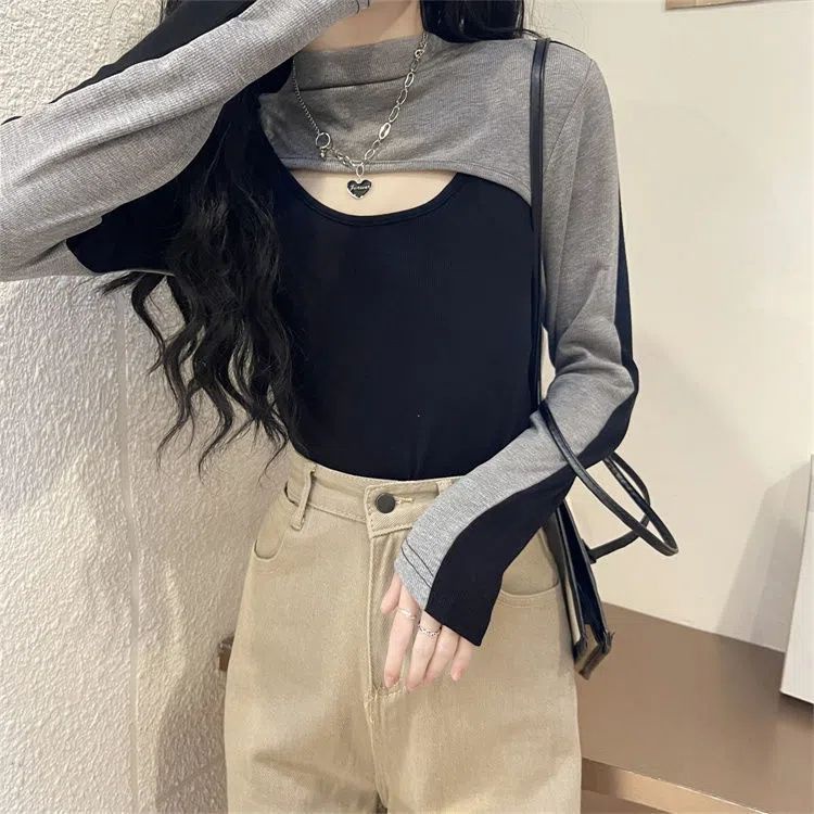 เสื้อยืดคอเต่า-เข้ารูป-สีคอนทราสต์-สไตล์เรโทร-สําหรับผู้หญิง