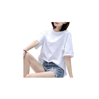 ✨ MKL ✨ ผ้าฝ้าย 100% เสื้อยืดสีขาว มีลาย ทรง oversize แขนสั้น #9018