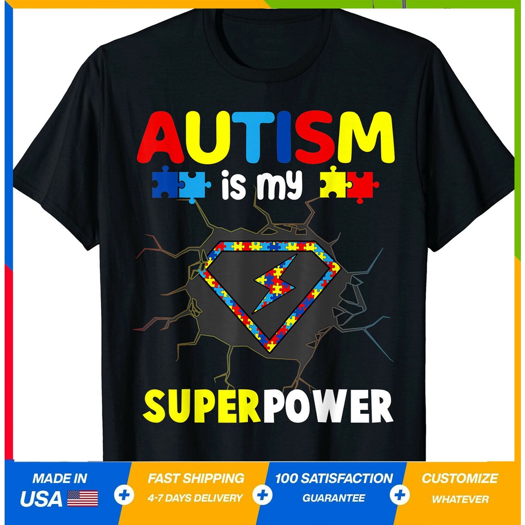 เสื้อยืดผ้าฝ้ายพิมพ์ลายคลาสสิก-เสื้อยืด-พิมพ์ลายซุปเปอร์ฮีโร่-autism-is-my-super-power