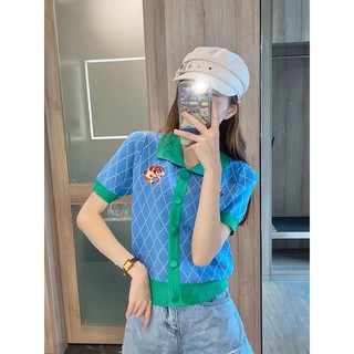 Cicishop(7335)เสื้อไหมพรมแขนสั้นคอปก ดีเทลแต่งลายเสือคู่ กระดุมหน้าใช้งานได้จริง ใส่สบาย สไตล์ทรงซ้อ