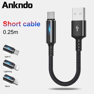 Ankndo สายชาร์จ USB Type C แบบสั้น 25 ซม. พร้อมไฟแสดงสถานะ สําหรับ Samsung Android 2.4A