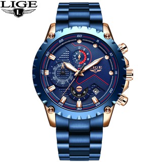สินค้า LIGE นาฬิกาควอตซ์แฟชั่น สเตนเลสน กันน้ำ มัลติฟังก์ชั่น โครโนกราฟ สำหรับผู้ชาย