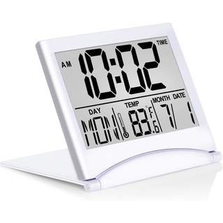 นาฬิกาปลุกดิจิทัล หน้าจอ LCD ตั้งเวลาได้ พร้อมปฏิทิน อุณหภูมิ และตัวจับเวลา แบบพับได้ สําหรับเดินทาง