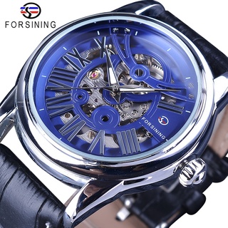 Forsining Classic Royal Blue Fashion Dial Design Black Leather Roman Number Transparent Mens Mechanical Watches Top Bran