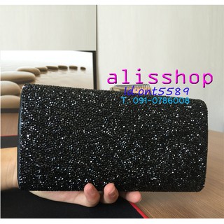 พร้อมส่ง Evening Clutch กระเป๋าออกงาน ทรงสี่เหลี่ยม พร้อมสายโซ่ยาว อัดคริสตัลเม็ดเล็ก สวยหรู สีดำ