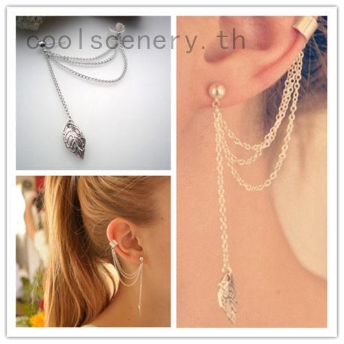Hot Sale เครื่องประดับตุ้มหูแบบติดหูรูปใบไม้สีทองเงินสําหรับผู้หญิง - 0222