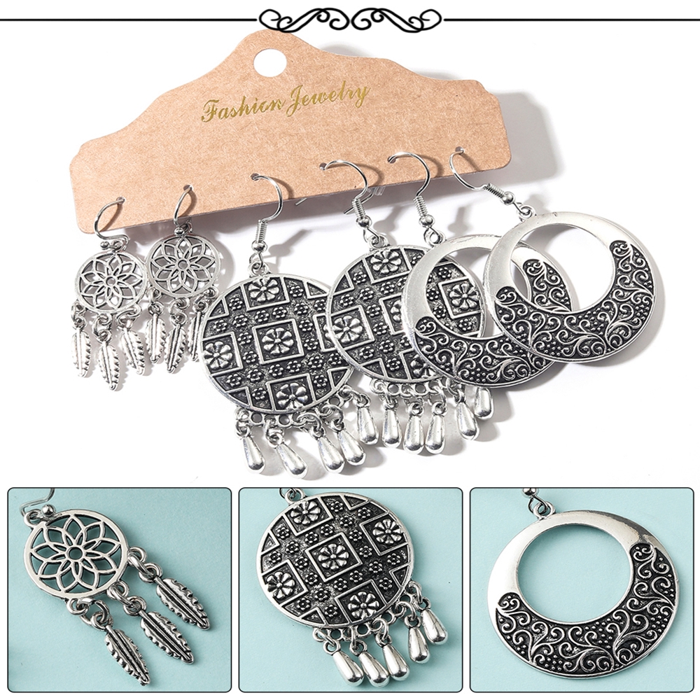cactu-ชุดเครื่องประดับ-ต่างหู-สไตล์โบโฮโบราณ-สีเงิน-3-คู่