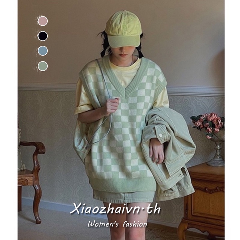 ภาพหน้าปกสินค้าXiaozhainv เสื้อสเวตเตอร์ถักลายสก๊อตแฟชั่นเกาหลีของผู้หญิงย้อนยุคหลวมVest