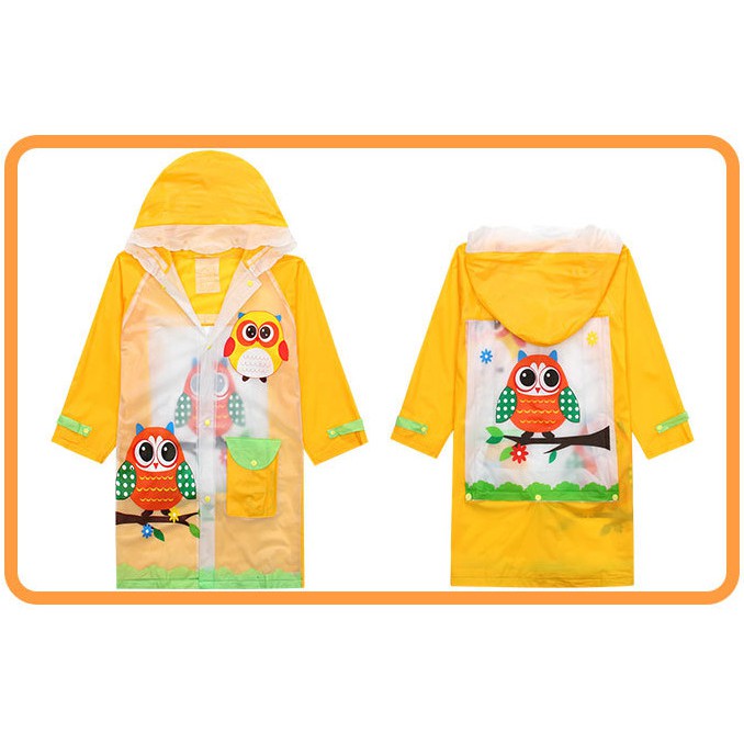 เสื้อกันฝนเด็ก-ขยายด้านหลังสำหรับสะพายกระเป๋า-ลายนกฮูก-สีเหลือง