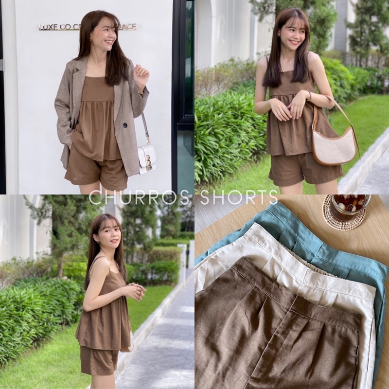 กางเกงขาสั้น-churros-shorts-ผ้า-cotton-linen-พร้อมส่ง-3-สี