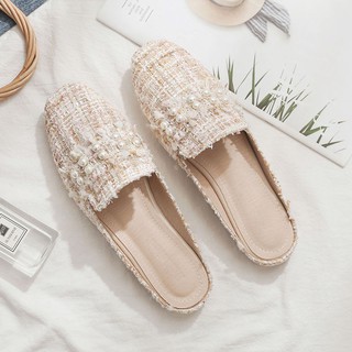 รองเท้าเปิดส้น🌞แฟชั่นเกาหลี รองเท้าส้นแบน ตกแต่งมุก ดูสวยงามมาก, size35-40