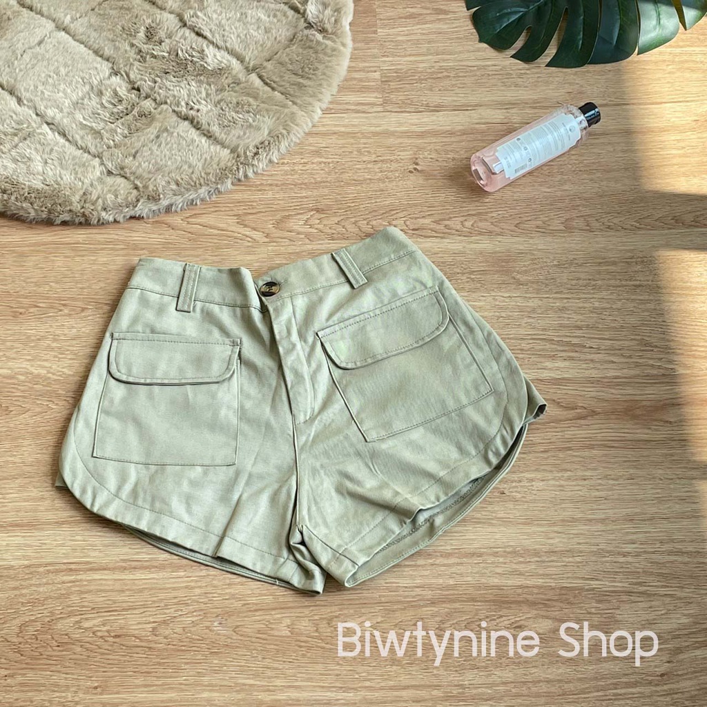 biwtynine-shop-กางเกงทรงบอลลูนกระเป๋าหน้าไม่กระดุมไม่พับจีบกลางกระเป๋า-กางเกงขาสั่น