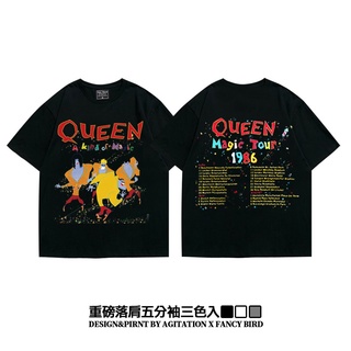 เสื้อยืดสีขาว▤Rock street drop shoulder heavy loose five-point sleeve oversize T-shirt Male queen American styleS-4XL