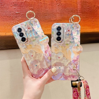 2022 New Phone Case เคสโทรศัพท Huawei Nova Y70 เคส Casing Glitter Luxurious Rhinestone Flowers Pattern with Wristband Long Lanyard Soft Case