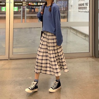 skirtกระโปรง☊❦✧พร้อมส่ง🔥  กระโปรงยาวลายสก๊อตย้อนยุคญี่ปุ่นย้อนยุคลายสก๊อตกระโปรงเอวสูงยางยืดกระโปรงทรงเอยาวปานกลาง