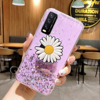 เคสโทรศัพท์มือถือนิ่ม สีใส ประดับกลิตเตอร์พร้อมที่จับรูปดอกเดซี่ พับได้ สำหรับ VIVO Y20 / Y20i 2020 VIVOY20 VIVOY20i