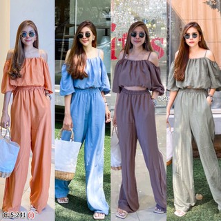 👚👖H5-241Set 2 ชิ้น เสื้อสายเดี่ยวเปิดไหล่ มากับกางเกงขายาว เอวสม็อก มีกระเป๋า2ข้าง เนื้อผ้าสปันเนื้อดีไม่บางใส่สบาย