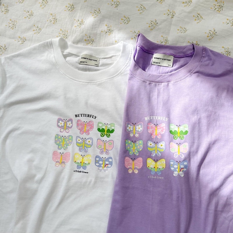 butterfly-t-shirt-ผ้า-comfy-cotton-ขาว-ดำพร้อมส่ง-เขียว-ม่วงรอสินค้า-3-4-วัน