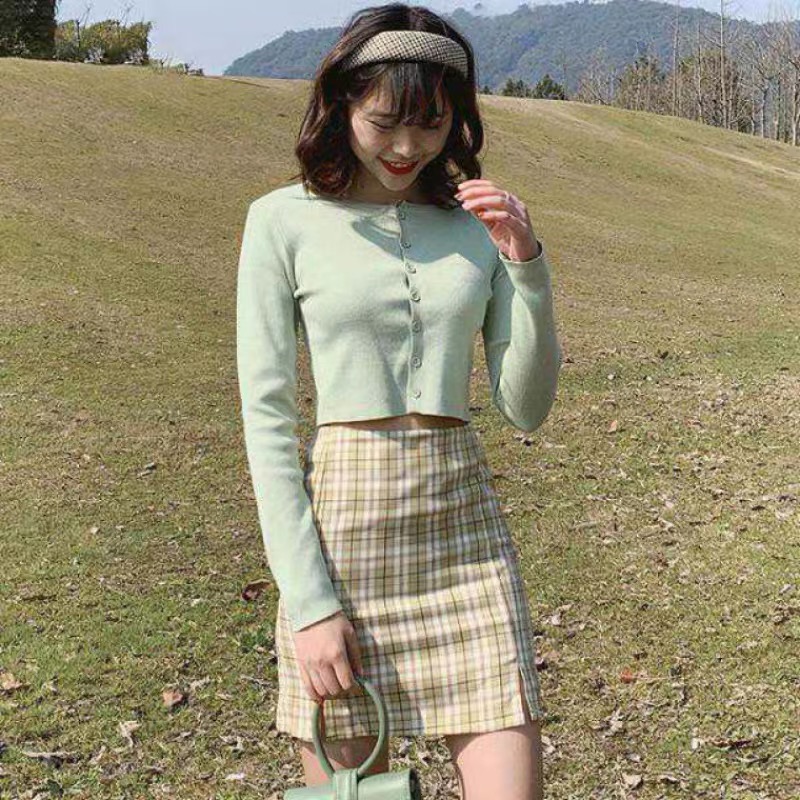 etichic-ผู้หญิงแฟชั่นเกาหลีลายสก๊อตสดขนาดเล็กแยกกระโปรงเอวสูง-a-line-green-skirt07